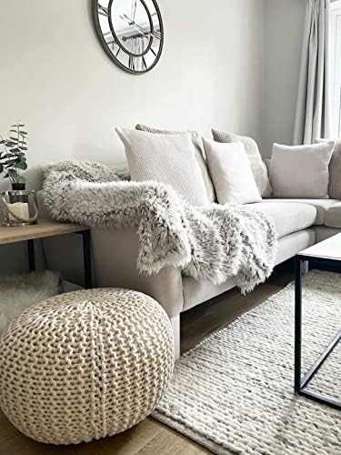 Sweet Needle - Hand Knitted Twisted Cable Style Round Dori Pouf, Floor Ottoman, Ivory, Cotton Braid Cord - Handmade & Hand Stitched - Comfortable Seat Footstool - 50 cm Diameter x 35 cm High