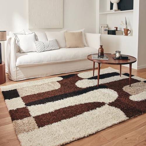 Nazar Tapis Moderne Shaggy, Creme, Marron, Poils Long, Motif geometrique, Tapis Salon, Tapis Arc (1063 Marron, 160x230 cm)