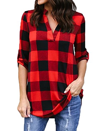 Kyerivs Women's Buffalo Check Plaid Shirts V Neck Roll Up Sleeve Casual Long Blouse Tops Black Red S/US 4