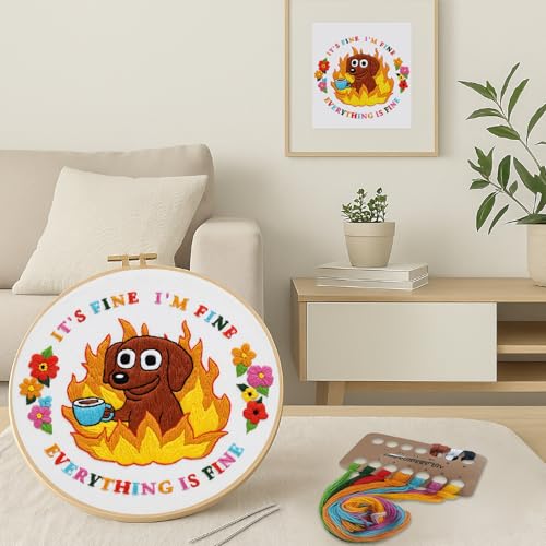 Image of Nuberlic Cute Dog Embroidery Kits for Beginner Adults Cross Stitch Kit with Funny Animal Pattern Include Cloth Hoops Threads Needles