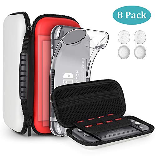 8pcs GeeRic Custodia Compatibile per Switch Lite, 2pcs Vetro Temperato + Cover + 4 Thumb Grips + Borsa +Accessori 8 in 1 Kit Compatibile con Switch Lite Rosso&Bianco
