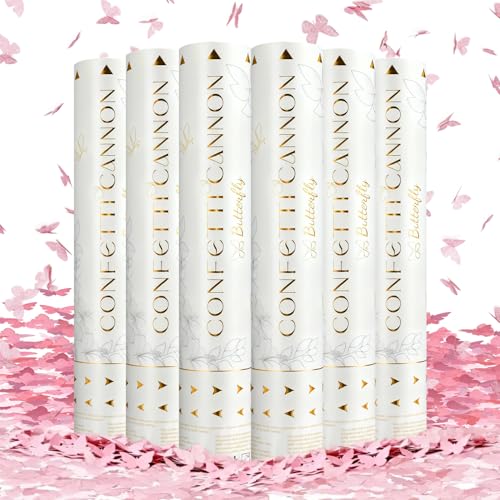Confetti Cannon Butterfly Confetti Poppers 6 Pack Party Poppers 12 inch Pink Confetti Shooters Butterfly Sticks for Wedding Birthday Graduation Anniversary Bridal Shower Valentines Christmas New Year