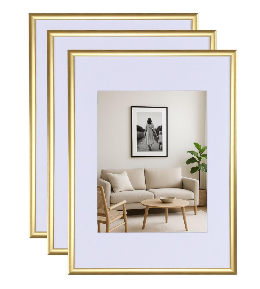 KM FOTO 3er 5er Set New Lifestyle Kunststoff Bilderrahmen mit Passepartout & Kunststoffglas Hoch- & Querform: Farbe: 3er Pack Gold | Format: 50x70