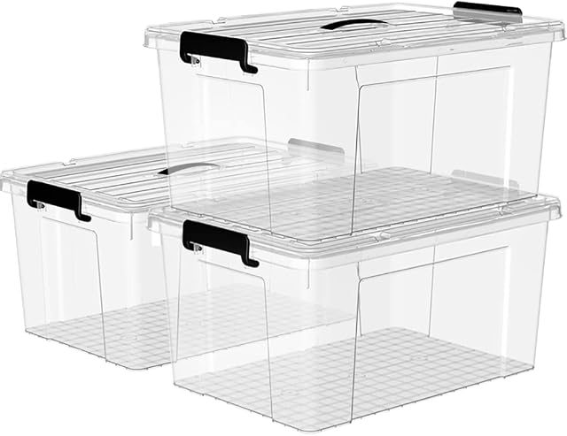 Cetomo 35L*3 Plastic Storage box, Tote box,Organizing Container with Durable Lid and Secure Latching Buckles, Stackable and Nestable, 3Pack, clear with Black Buckle