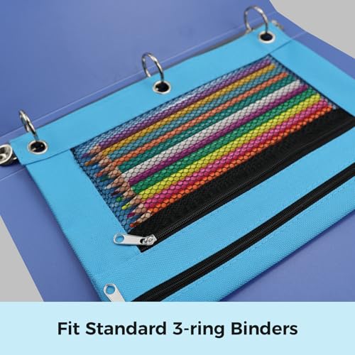 Image of Pencil Pouch for 3 Ring Binder - 3 Hole Zipper Pen Case Bag Holder Bulk Accessories Clear Window Aesthetic Organizer Pockets (Azure)
