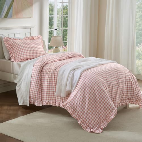 Image of Bedsure Gingham Ruffle Duvet Cover Set, Twin, Cotton-Like Quilt Cover, Pink
