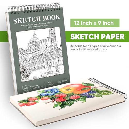 Image of Soucolor Sketch Book 9x12, Drawing Paper Pad 68lb /100gsm Acid-Free | 100 Sheets,Top Spiral Sketchbook for Kids Adults, Art Supplies Sketch Pad for Drawing Illustration College Essentials