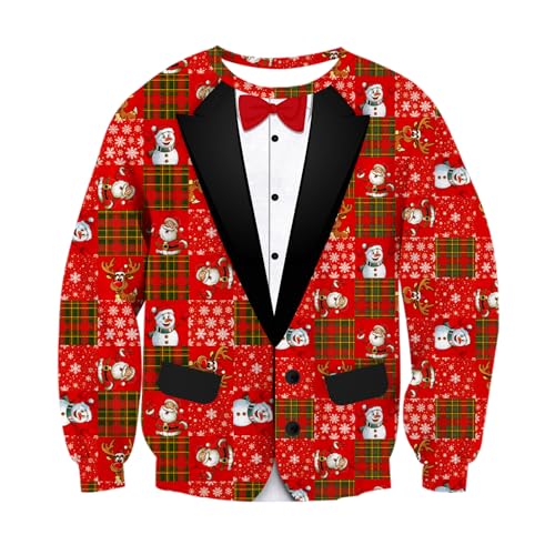 Mens Ugly Christmas Sweatshirt Fake Two Pieces 3D Printed Funny Sweater Shirts Pullover for Xmas Holiday Party
