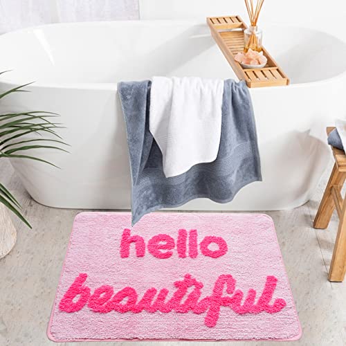 Evovee Hello Beautiful Bath Mat Light Pink Blush Peach Coral Cute Bathroom Rugs For Girls You Look Good Gorgeous Funny Shower Fun Bathroom Decor Non-Slip Washable Kids Women #TOP5