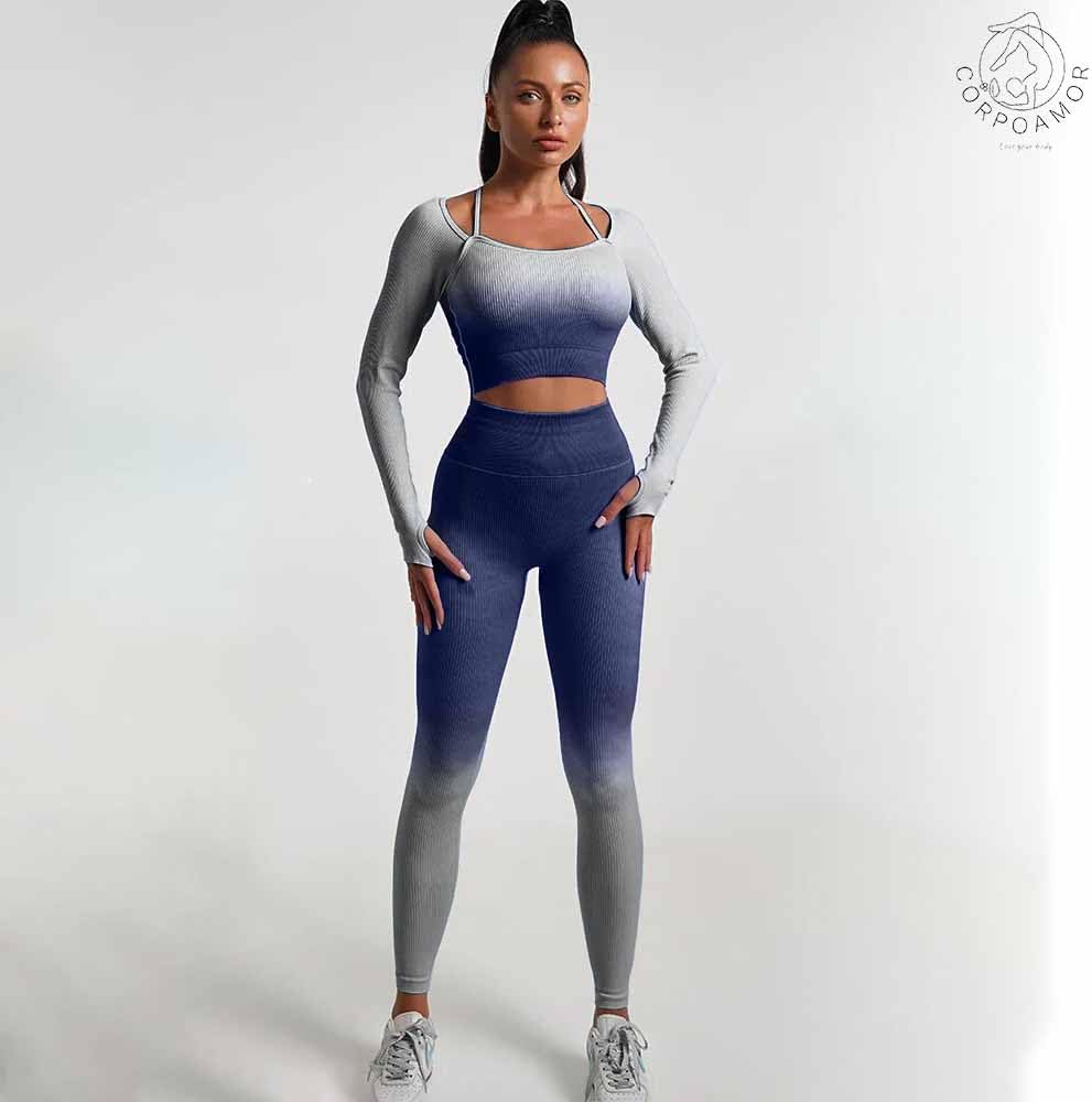Women's Fitness Gym Outfit Yoga Crop Top & High Waisted Leggings Ombre 2 Pc Set - Image 5