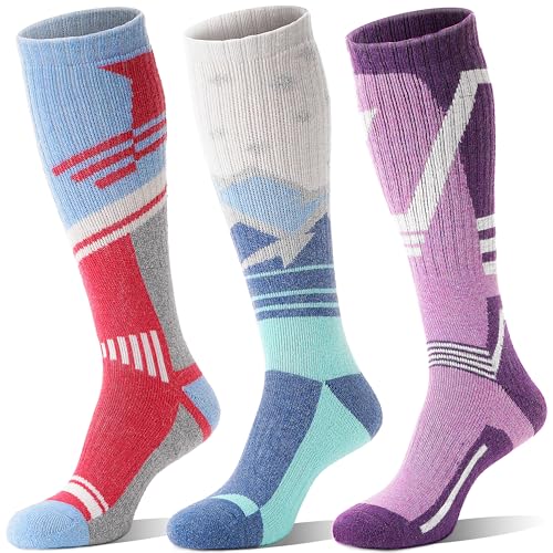 Sandsuced Merino Wollsocken Skisocken Warme Thermosocken Thermo Dicke Wintersocken für Herren Damen Winter Ski Geschenke Socken 3 Paare(Rot/Blau/Violett M)