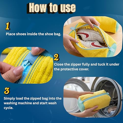 Image of Shoe Washing Machine Bag, Shoe Laundry Bag for Washing Machine, Reusable with Durable & Invisible Zipper Shoe Cleaning Bag for All Types of Shoes(Yellow)
