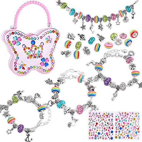 Nabance para niñas Conjunto de fabricación de pulseras con dijes con cuentas chapadas en plata del arco iris Cadena de serpiente Caja de almacenamiento de joyas artesanías para niños de 8-12 años