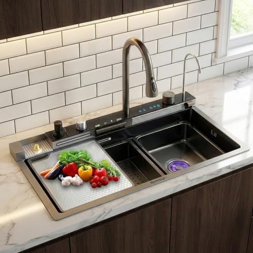Image of BASINQU Kitchen Sink 30x18x9 Inch Waterfall Piano Sink Kitchen | 304 Grade Stainless Steel Kitchen Sinks For Kitchen Basin with Integrated Waterfall & Pull Down Faucet Smart Kitchen Sink