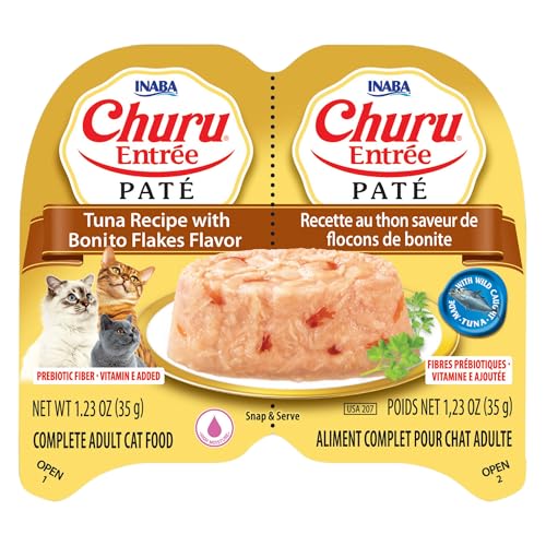 Image of INABA Churu Entree Pate for Cats, Grain-Free, High Protein & Moisture, Prebiotic Wet Cat Food, 1.23oz. per Serving, 12 Servings, Tuna Recipe with Bonito Flakes (Pack of 2)