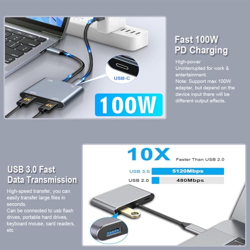 Image of USB C to Dual HDMI Adapter, 4K@60Hz USB C Hub Multiport Adapter with 100W PD, USB-A, Support C to 2 HD Splitter Extended Display for Type C Devices (MST is not Supported on MacOS)