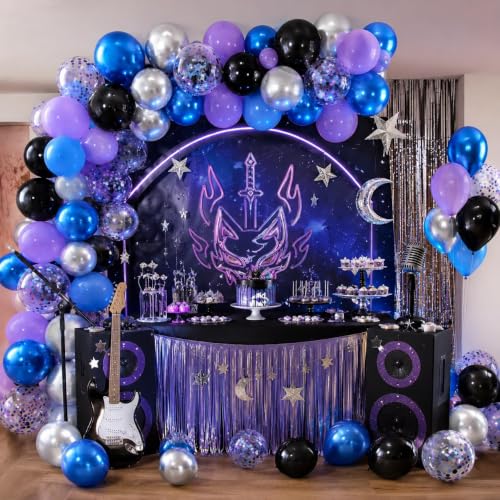 Image of Black Blue and Purple Balloons, 12 Inch Metallic Blue Purple Black | Silver Confetti Balloons for Kids Boys Outer Space Astronaut Birthday Baby Shower Video Game Party Decorations