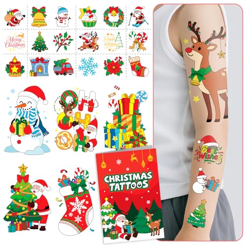 Partywind 56 Styles Christmas Temporary Tattoos for Kids, Christmas Stocking Stuffers for Boys Girls Party Supplies Decorations, Holiday Goodie Bag Fillers Games with Santa Snowman