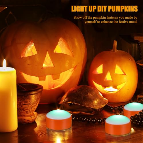 Image of Riakrum 6 Pieces Halloween Remote Timer LED Lights with Remote Summer Halloween LED Pumpkin Lights Battery Operated Lantern Bright Flameless Candle(Orang, Green Light)