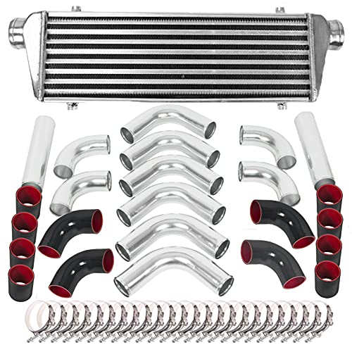 Aluminum Intercooler Hoses - Fin Front Mount with Silver Intercooler & 12pcs Chrome Hoses & 24pcs T-Bolt Clamps & Necessary Hardware