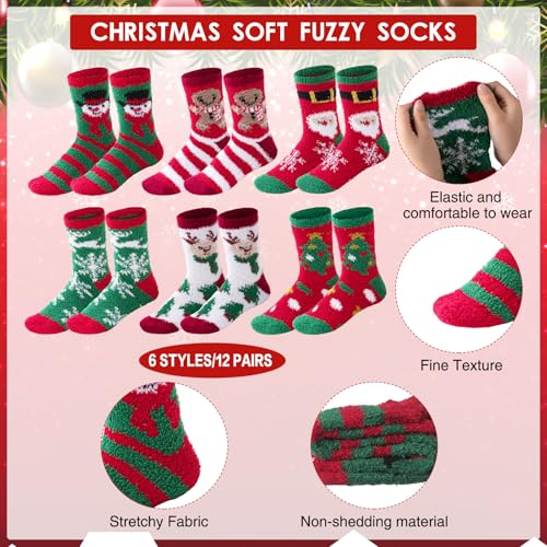Image of Chuarry 12 Pairs Fuzzy Christmas Socks Gifts Soft Fluffy DIY Cupcake Socks for Women Christmas Teacher Colleague Stocking
