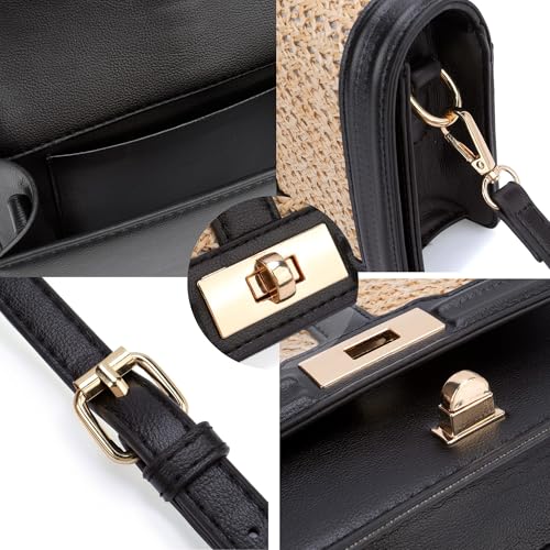 FALETO Straw Crossbody Bags for Women Summer Leather Stitching Straw Flap Bag Handbag Shoulder Clutch Purse4