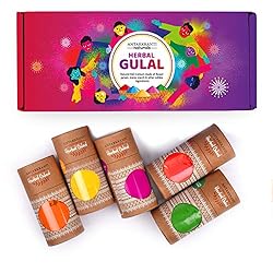 Antarkranti Natural Holi Gulal Colour – Orange | Yellow | Red | Green and Blue Tesu Flower | Rose Petals | Marigold | Sandalwood | Maize Starch | Food Colour – Pack of 5 100gm x 5