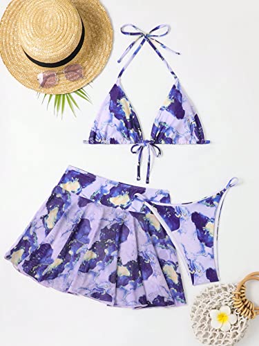 WDIRARA Women's 3 Piece Halter Triangle Bikini Marble Print Swimsuits and Coverup Skirt3