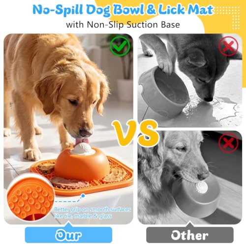 Image of Slow Feeder Dog Bowls & Lick Mat for Liquid and Thick Treat, Anti-Slip Dog Lick Bowl with Interactive Rolling Ball, 5 /6 Cup Pup Licking Toy for Large Medium Small Dogs and Cats Orange