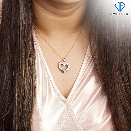 JEWELEXCESS Sterling Silver (.925) or 14K Gold over Silver Heart Necklace with 1.00 Carat White Diamonds | Jewelry for Women with Round & Baguette White Diamonds & 18 inch Rope Chain with Spring Clasp2