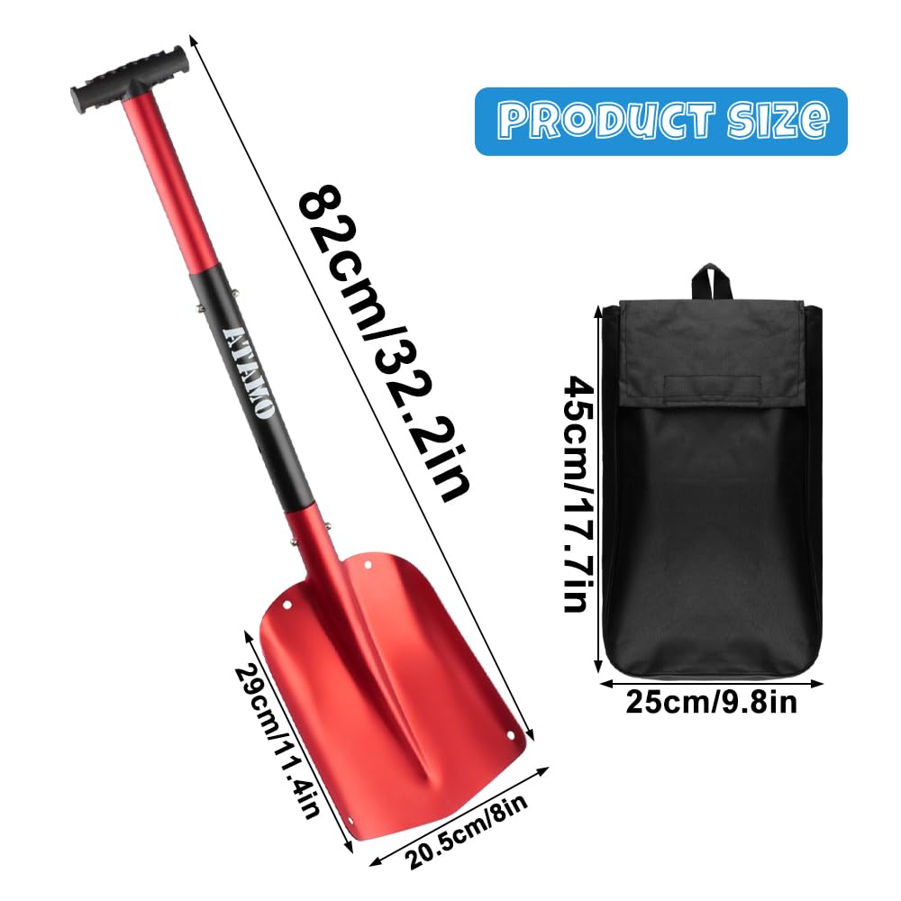 Pala de nieve plegable de aluminio, pala extensible, pala de emergencia, bolsa de transporte, pala para avalanchas, con mango ajustable, máx. 80 cm, plegable, para jardinería, invierno, coche