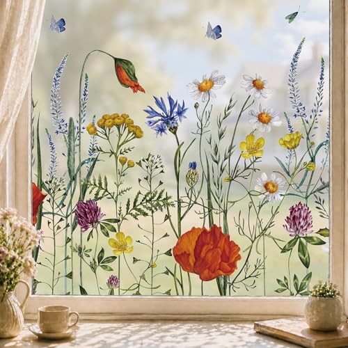 Decorative Privacy Window Film Patterns, Butterfly Among the Flowers Stained Glass Window Cling, Removable No Glue Static Floral Decals & Stickers, Heat Control Vinyl for Home Office, 17.5 x 78.7 in