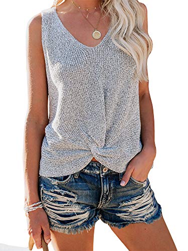 Ybenlow Womens Summer V Neck Sleeveless Sweater Twist Knot Casual Loose Knit Tank Tops Grey