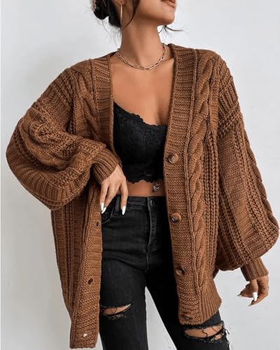 Womens Chunky Lantern Sleeve Button Down V Neck Knitted Sweater Cardigan Twist Cable Knit Fall Cardigan Shawl2