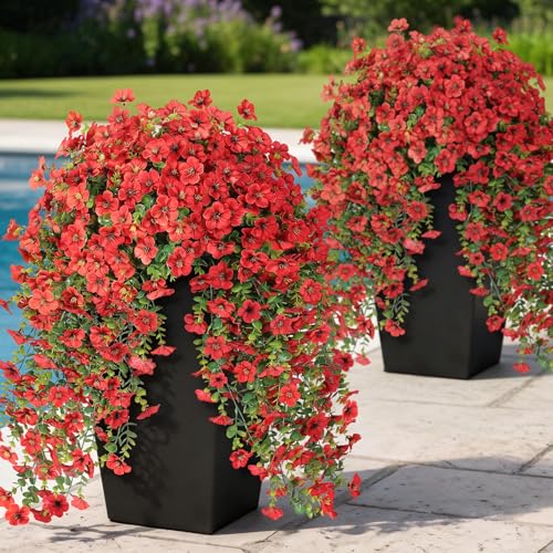 Image of VIERENA 8 Bundles 29.5 inch Artificial Hanging Silk Flowers for Front Door(Red) | Realistic Fake Morning Glory Flowers with Faux Eucalyptus, for Eave Porch Yard Garden Patio Balcony Home Outdoor Decoration