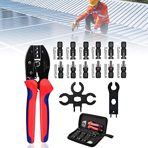 MSFE Kit d'outils de sertissage solaire,pour panneau solaire 2.5/4.0/6.0mm²,outil de sertissage solaire mc4,avec 1 outils de sertissage,6 paires connecteur mâle femelle,2 Clé à molette,1 sac à outils Cover