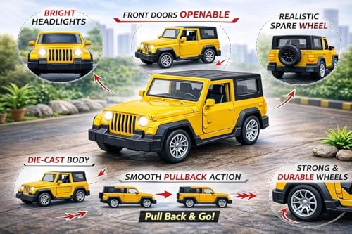 Image of 1:36 Scale Diecast Metal Toy Car Openable Doors Pullback Action LED Lights Music Sports Model Kids Collectors Thar Yellow