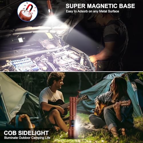Image of Banral Rechargeable Magnetic Flashlights High Lumens, Super Bright LED Powerful Flashlight 8 Modes with COB Work Light, Waterproof Handheld Flash Light for Camping (2 Pack with Leather Box, Brown)