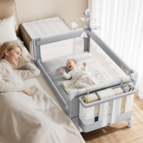 Image of 4 in 1 Baby Bassinet, One-Push Setup Pack and Play, Bedside Crib Sleeper with 3 Height Adjustable,Diaper Changer, Come with Comfy Mattress, Rotating Toy Bar, from Infants to Toddlers (Grey)