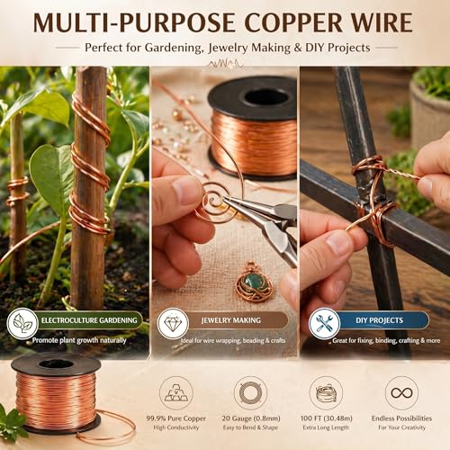 Image of Therwen 100ft 20 Gauge Copper Wire for Gardening, Electroculture, Bonsai, Jewelry Making Beading DIY Craft Pure Bare Copper Wire Spool