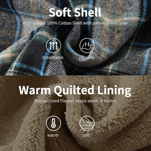 Image of Men's Cotton Plaid Shirt Jacket Fleece Flannel Sherpa Button Down