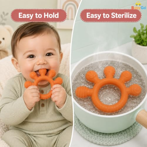 Image of BabyGo 2-in-1 Baby Teether & Sensory Ring | Soft Silicone Multi-Textured Chew Toy for Gum Soothing | Mouthing & Sensory Development | Easy-Grip Toy for Infants 3-12 Months | Orange | Pack of 1