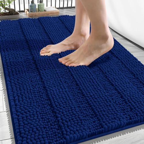 Image of OLANLY Thick Bathroom Rugs 34x21, Extra Soft Absorbent Chenille Striped Bath Rugs, Rubber Backing, Machine Wash Dry, Bath Mats for Bathroom Floor, Tub and Shower, Home Decor Accessories, Navy