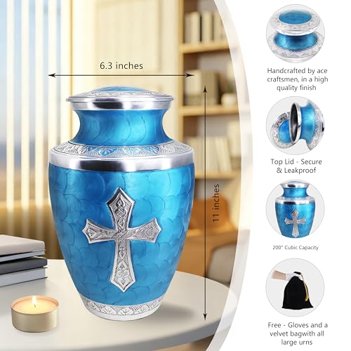 Image of M MEILINXU Turquoise Cross Cremation Urn, Funeral Urns for Ashes Adult Man