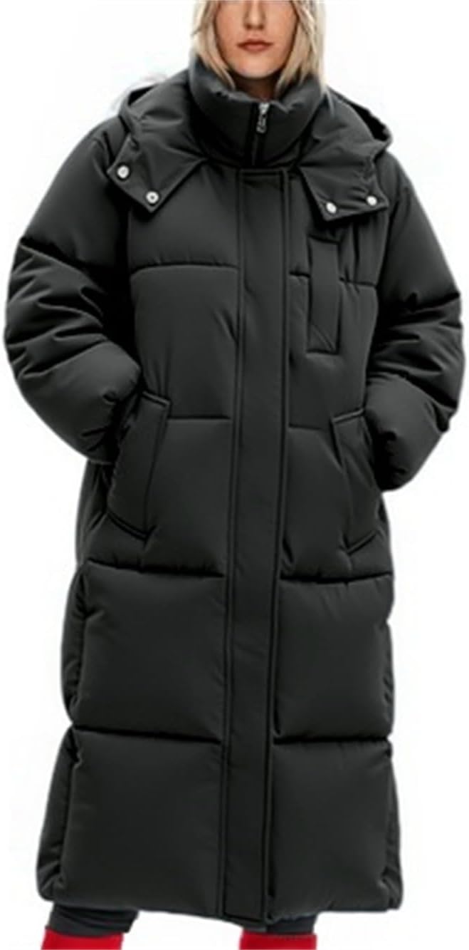 Long Puffer Jacket for Women Hooded Quilted Jacket Padded Warm Winter Thick Coat with Pockets - Image 2