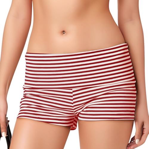 Womens Fold Over Shorts Elastic Waist Y2k Striped Shorts Skinny Pajamas Mini Sleepwear Stretchy Yoga Shorts