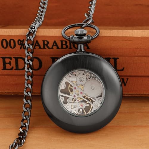 Image of Uncovered Black Mechanical Pocket Watch, Arabic Numeral Dial Men's Pocket Watch with Chain