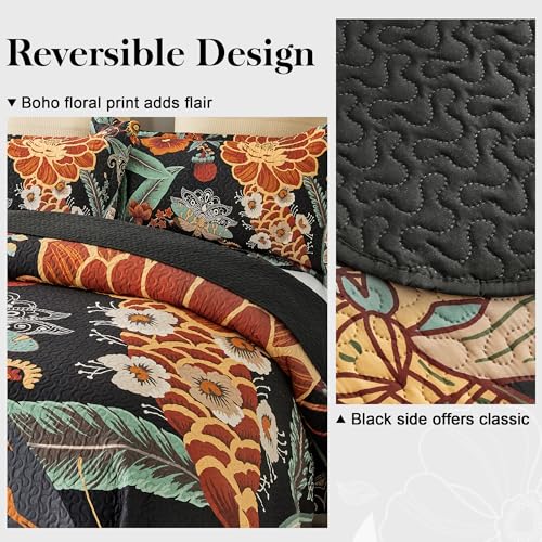 Image of Tyrot 3 Piece Black Boho Floral King Size Quilt Sets Reversible Farmhouse Botanical Lightweight Bedspread Coverlet with 2 Shams Butterfly Microfiber Bedding Quilts Set for All Season, 106''x96''