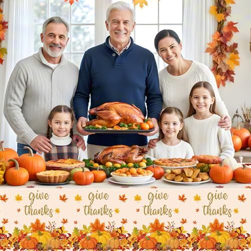 2 Pack Thanksgiving Tablecloth Disposable - Fall Plastic Table Cloth Rectangular, Give Thanks Pumpkin Maple Leaves Waterproof Table Cover for Home Harvest Thanksgiving Tables Decor, 54 x 108 Inch - image 2