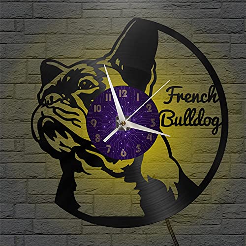 XDG Orologio da parete con disco in vinile a tema bulldog francese, orologio da parete adesivi murali a batteria per cucina Casa arredamento casa(P)Bon luBe LED